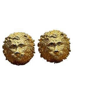 Designer Gold Shield Lion Head Clip-on Earrings - SIGNED WHG 1.25" x 1-3/8 39.3g